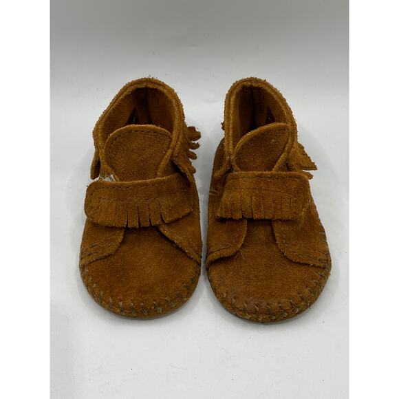 MINNETONKA Infant Girls' Brown Leather Pull-On Moccasin Shoes SZ 3 - Picture 1 of 10